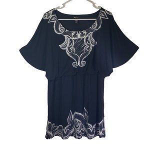 STYLE & CO Large Black, White Floral Shift, Flutter Sleeve, Blouson Dress